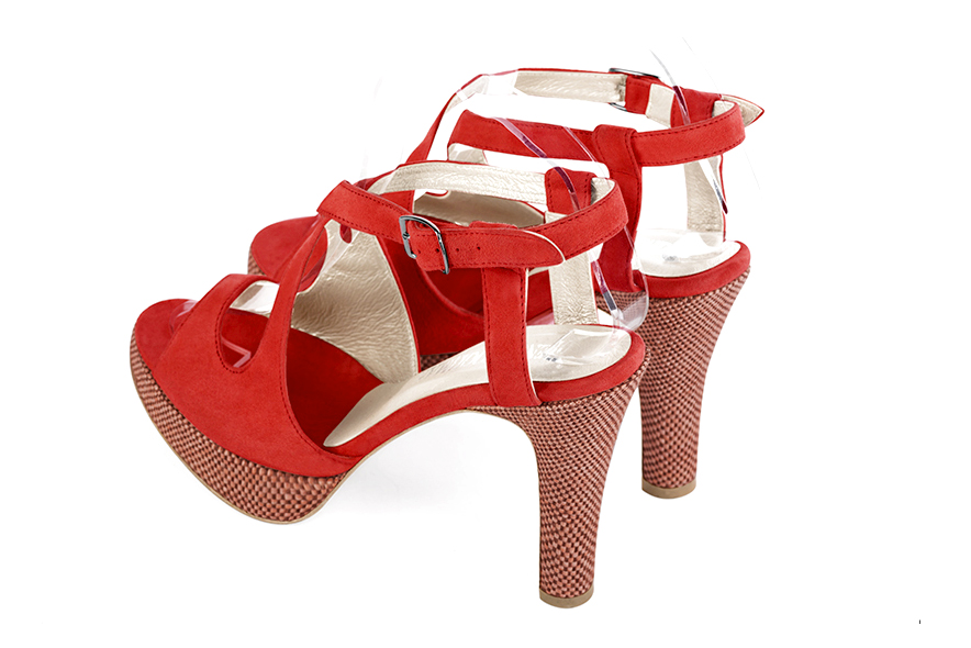 Women's scarlet red elegant cross straps sandals. Round toe. High slim heel with a platform at the front - Rear view